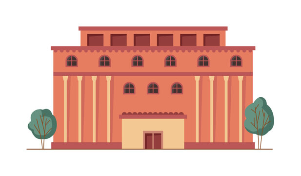 Building of state institution, isolated facade of bank structure with columns. Vector organization of authorities, university or school establishment. Historical building exterior with trees
