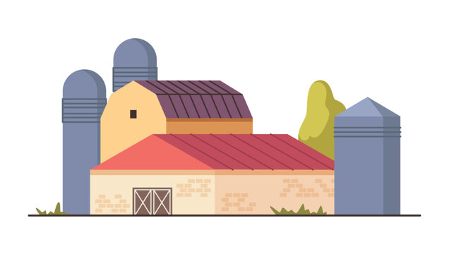 Set of farm building. Vector isolated group of agricultural land structures. Barns for livestock and storing hay, strow and grains. Cylindrical structures for storing silage or feeding goods