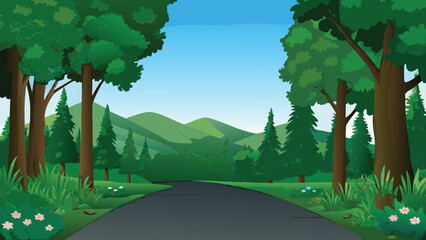 Fototapeta premium forest road illustration with green trees and blue sky