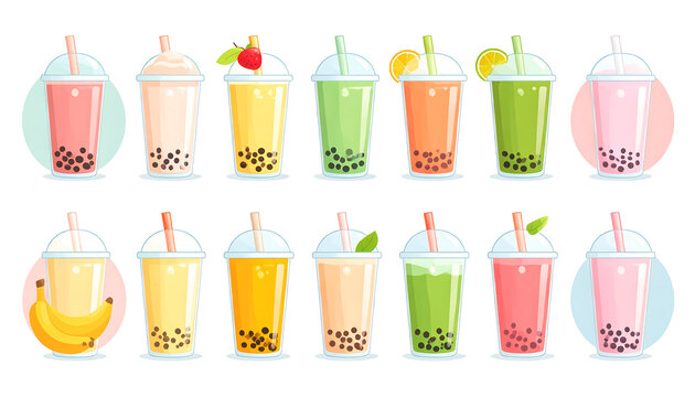 Bubble tea icon set vector, boba milk tea and fruit tea with tapioca pearls pearls icons, cute pastel style illustration