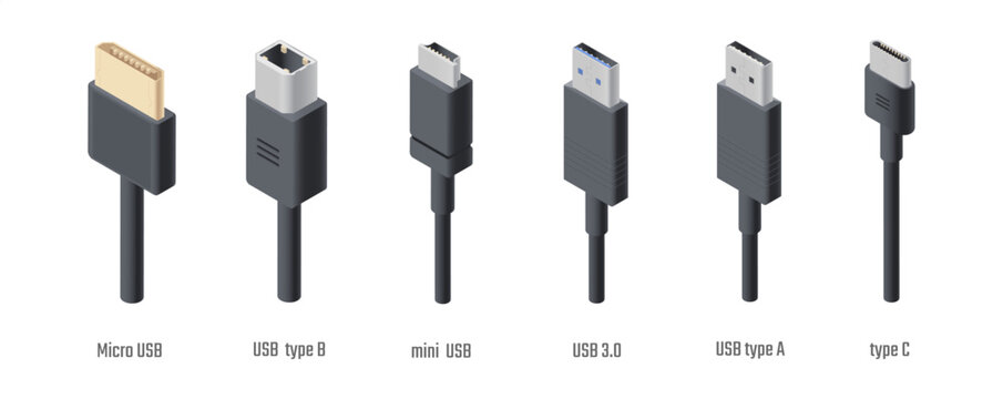 Various USB ports collection. Vector connectors set. Mini, micro and different type of plugs. Computer connectivity and electronic interface. Technology and hardware for gadget guide and tech design