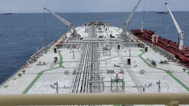 A horizontal timelapse from a tanker bridge showcasing a ship-to-ship transfer. Cargo operations run simultaneously on both sides of the deck in the open sea. High quality FullHD footage