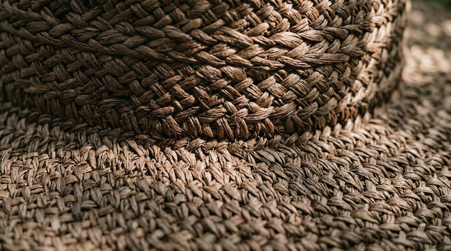 Woven straw hat texture macro, intricate braided natural fibers in bright summer sunlight, rustic tan raffia pattern close-up for beach fashion and vacation accessories.