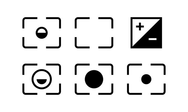 Focus frame graphics collection, camera interface elements set. Vector face tracking markers and compensation icons. Bracketed boxes, center point circles and plus minus exposure indicators