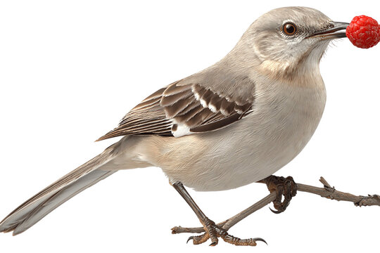 Mockingbird Holding Raspberry on a Branch isolated on transparent background PNG element