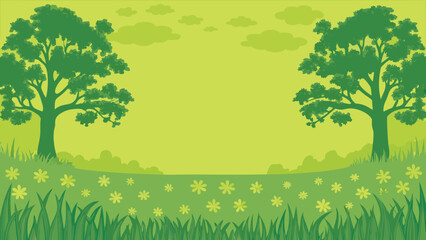 Green landscape with trees and flowers vector illustration © PUNNABEGUM