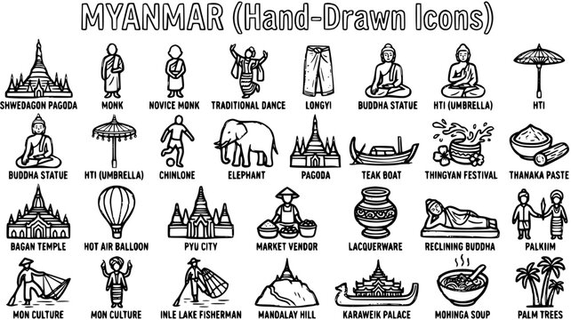 Myanmar Icons Black and White Line Art - Traditional Culture Symbols