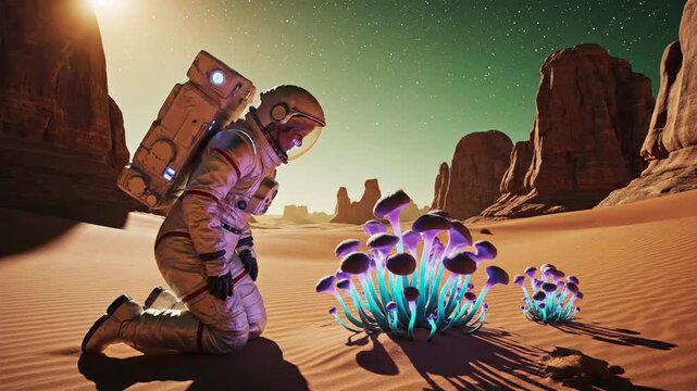 Astronaut explores alien landscape with distant moon and rocky formations
