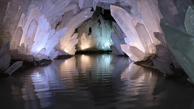 Illuminated underground crystal cave with reflective water