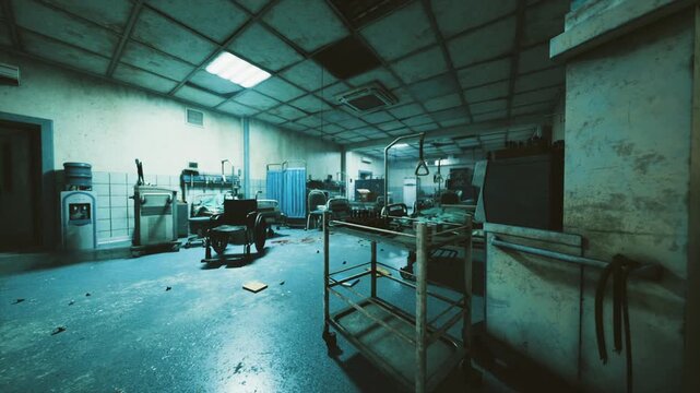 vacant emergency triage room with scattered carts and stretcher, broken ceiling panels and cold blue light, tiled floor littered with debris, atmosphere