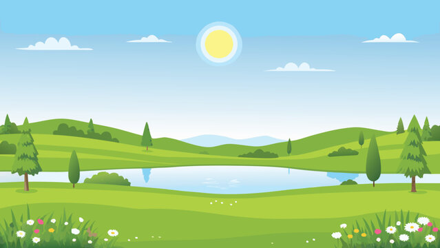 cartoon landscape with lake and rolling green hills