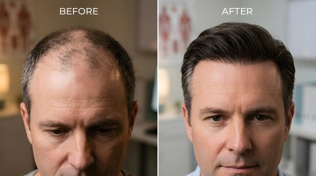 Before After Comparison of Male Hair Loss Baldness Transplant Treatment Restoration Results Showing Bald Head Versus Full Hair, Cosmetic Surgery Medical Hairline Recovery