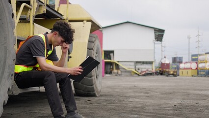 Fototapeta premium A young industrial worker conducts a safety inspection, reviewing a checklist on a clipboard while sitting by heavy machinery at a logistics site.