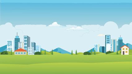 stylized city skyline illustration with green hills and blue sky © PUNNABEGUM