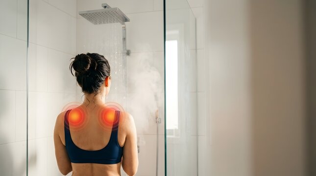 Back View of Young Woman with Painful Red Sunburn on Shoulders Skin Standing in Steam Hot Shower Bathroom, Skincare Burn Treatment Pain Relief Summer Damage Health