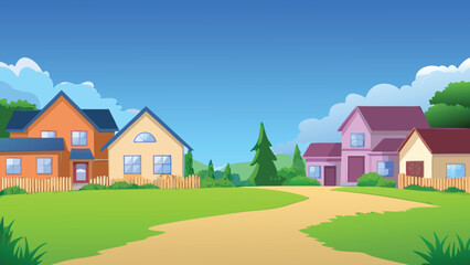 Fototapeta premium Cartoon suburb street with colorful houses and green lawn