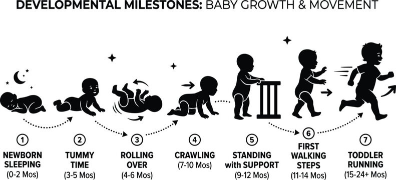 Baby developmental milestones infographic chart showing physical growth and movement stages from newborn sleeping to toddler running vector illustration