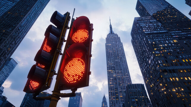  red traffic light signals stop against a backdrop of tall skyscrapers in an urban cityscape at dusk.