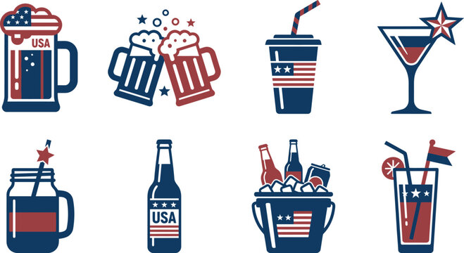American patriotic drinks and glasses with USA flag designs  festive beverage icons