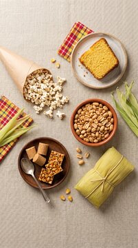 Comidas t&iacute;picas brasileiras de festa junina organizadas em composi&ccedil;&atilde;o minimalista para campanha gastron&ocirc;mica sazonal premium