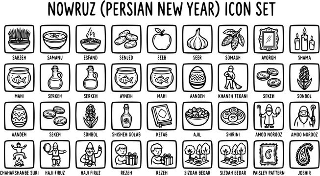 Black and White Line Art Icons Set for Nowruz Persian New Year Celebration