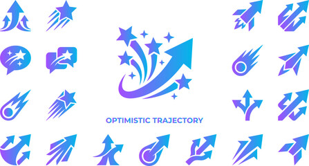 Optimistic trajectory icons with arrows stars and comets for growth success progress. © BM