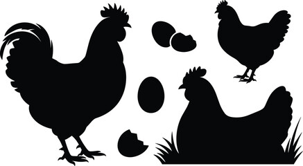 A detailed collection of black silhouettes featuring a proud rooster and nesting hens with fresh eggs in a rustic farm setting. ©  Victory Pixel