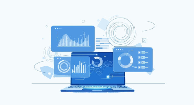 Modern AI productivity workspace vector illustration, floating holographic dashboard, futuristic laptop setup, abstract data visualization, clean minimal style, blue gradient palette, white background