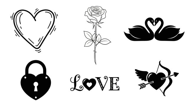 Elegant romantic collection with hearts rose and swans for wedding invitation card or valentine day design.