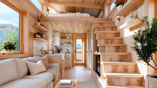 Compact wooden tiny house interior with loft bedroom and minimalist design, showcasing cozy living, functionality and sustainable lifestyle