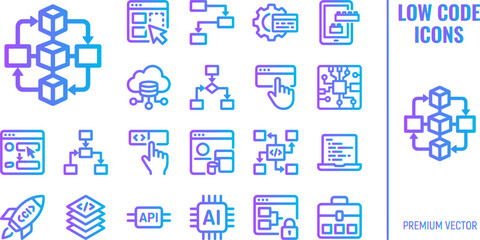Fototapeta premium Low code icons block chain system api ai and programming icons on white background.