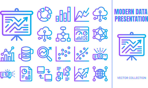 Modern data presentation icons and elements with charts graphs and network diagrams.