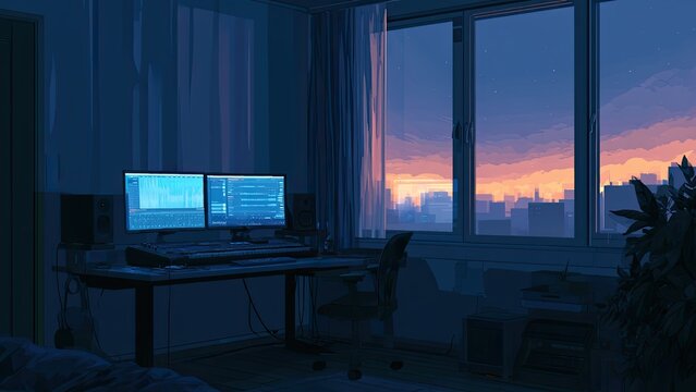 夕暮れの都会を眺めるDTM作業部屋のイラスト背景