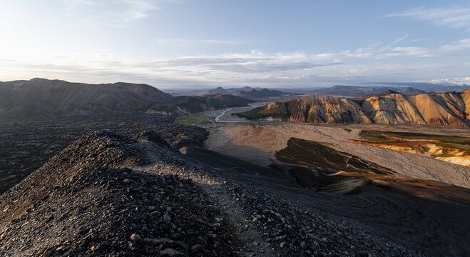 View from Bl&aacute;hn&uacute;kur, Landscape panorama, Dramatic volcanic landscape, Colourful erosion landscape with mountains, Lava field, Landmannalaugar, Fjallabak Nature Reserve, Su&eth;urland, Iceland