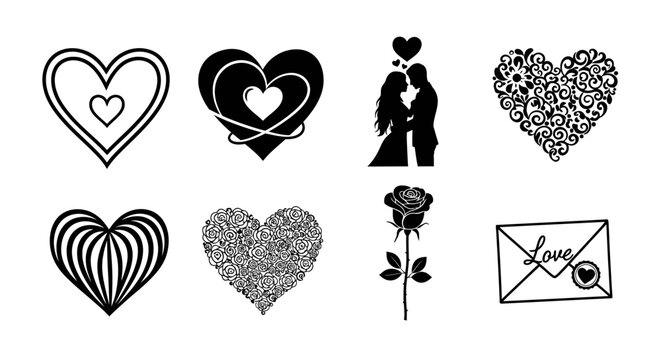 Decorative love heart collection with romantic couples floral motifs and roses for wedding stationery projects.
