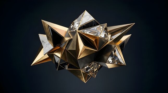 Abstract Low Poly Lowpoly Geometric Crystals with Gold Metallic and White Marble Textures Floating on Dark Background Futuristic Sharp Angular Polygonal Mineral Forms Shape