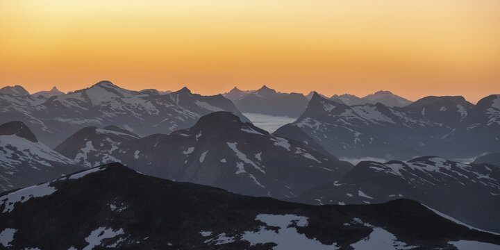 Evening atmosphere, glaciers and mountains in Jostedalsbreen National Park, view from the top of Sk&aring;la mountain, Breheimen mountain range, Stryn, Vestland, Norway
