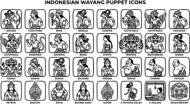 Indonesian Wayang Puppet Icons Collection - Traditional Javanese Mythology Characters Line Art Set for Asian Culture Design