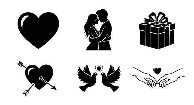 Love symbols collection heart couple gift doves hands arrow cupid vector icons romance celebration valentines day.