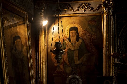 Christian painting, atmospheric, Orthodox Church of the Nativity of the Virgin Mary, Nafplio, Peloponnese, Greece