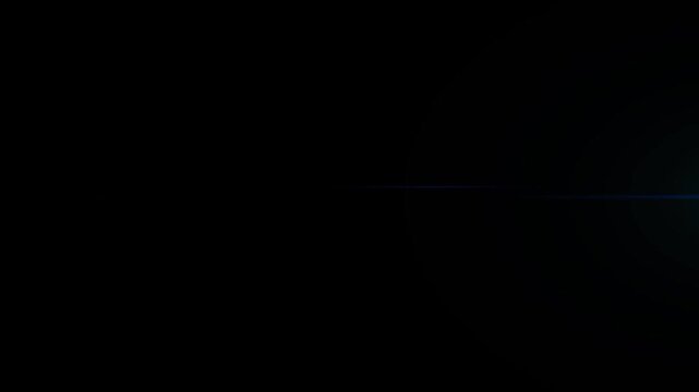 Blue optical lens flare light streak moving left to right with volumetric glow, cinematic light leak, futuristic flash rays, abstract shine overlay, dynamic energy burst on black background 4K