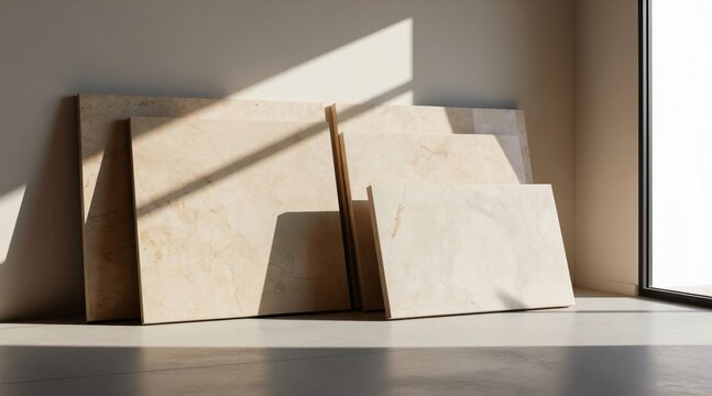 Large marble slabs lean against wall in sunlit showroom. Natural stone tiles for interior design or construction. Elegant building material samples displayed.