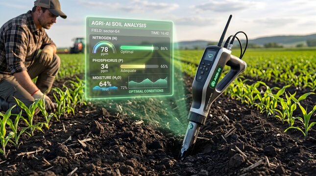 Agri-AI Soil Probe: A high-tech smart soil sensor needle inserted into rich black earth, projecting a soft green holographic display of nitrogen, phosphorus, and moisture levels in a field.
