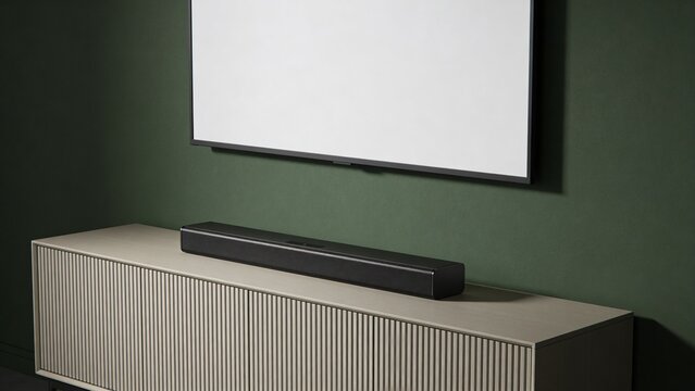 features a minimalist interior design with a modern, flat-screen television mounted on a dark green wall. The TV screen is blank, displaying a plain white surface. Below the television, there is a sle