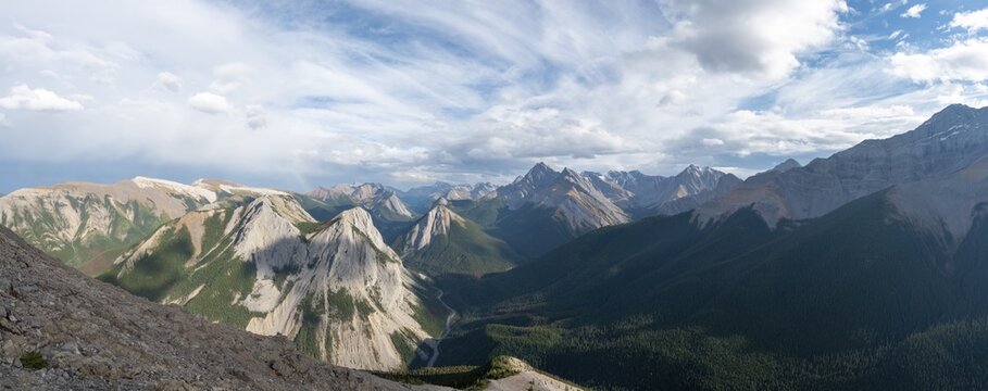 Mountain landscape with river valley and peaks, rainbow, peaks with orange sulphur deposits, Overturn Mountain, panoramic view, Nikassin Range, near Miette Hotsprings, Sulphur Skyline, Jasper National Park, Alberta, Canada