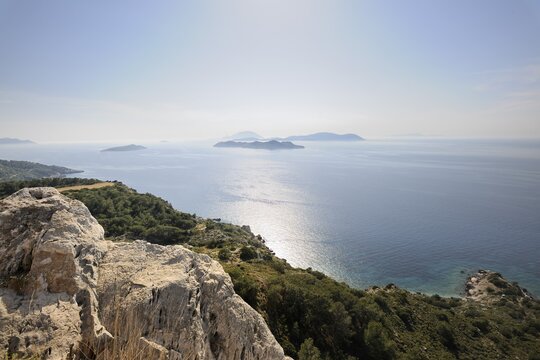 View of the sea and the castle ruins of K&aacute;miros, Rhodes, Greece, Europe