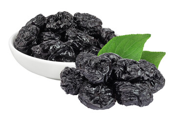 Fototapeta premium Prunes in ceramic bowl isolated on white background, heap of dried plums