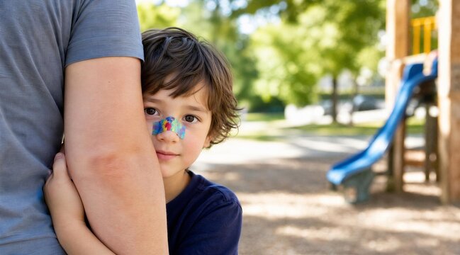 Little Boy with Bandage on Nose Hugging Parent at Playground