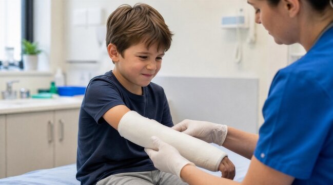 Child Patient with Plaster Arm Cast Being Treated by Pediatrician