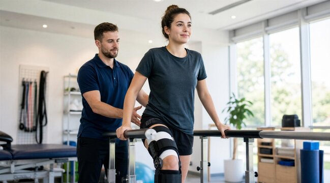 Physical therapist helping woman with leg brace in rehab clinic